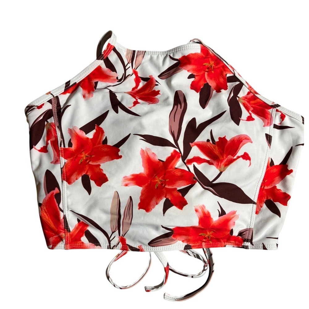 Floral‎ High Neck Bikini Top Red Lily Print Lace Up Back Swim Crop Women L Boho